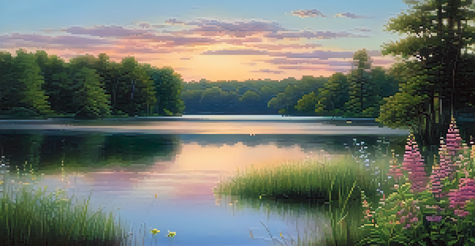 A peaceful lake at sunset, surrounded by green trees and blooming wildflowers.