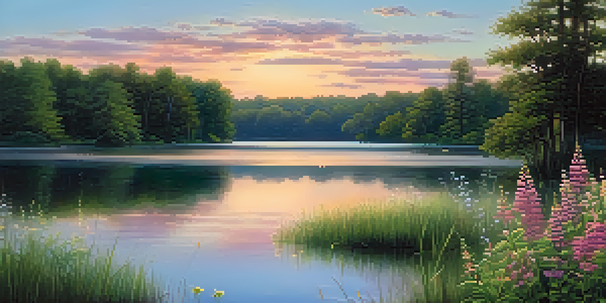 A peaceful lake at sunset, surrounded by green trees and blooming wildflowers.