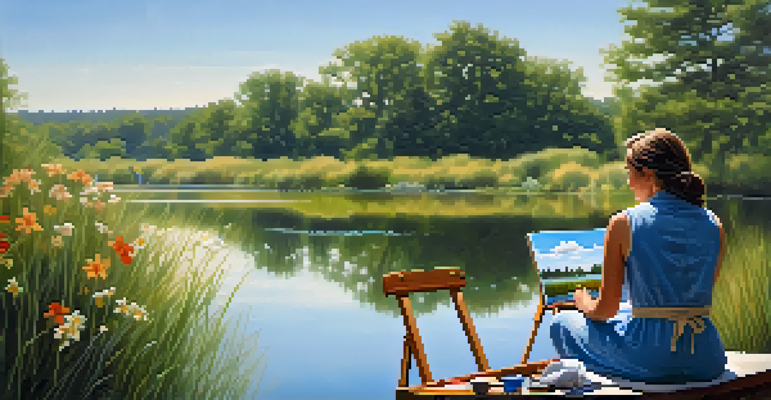 Individual painting by a calm lake, reflecting the landscape and surrounded by wildflowers under a clear blue sky.