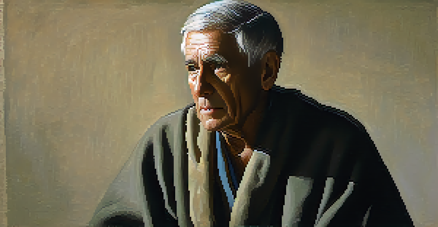 A portrait of an elderly man with a weathered face, illuminated by soft light against a dark background with a laurel wreath.
