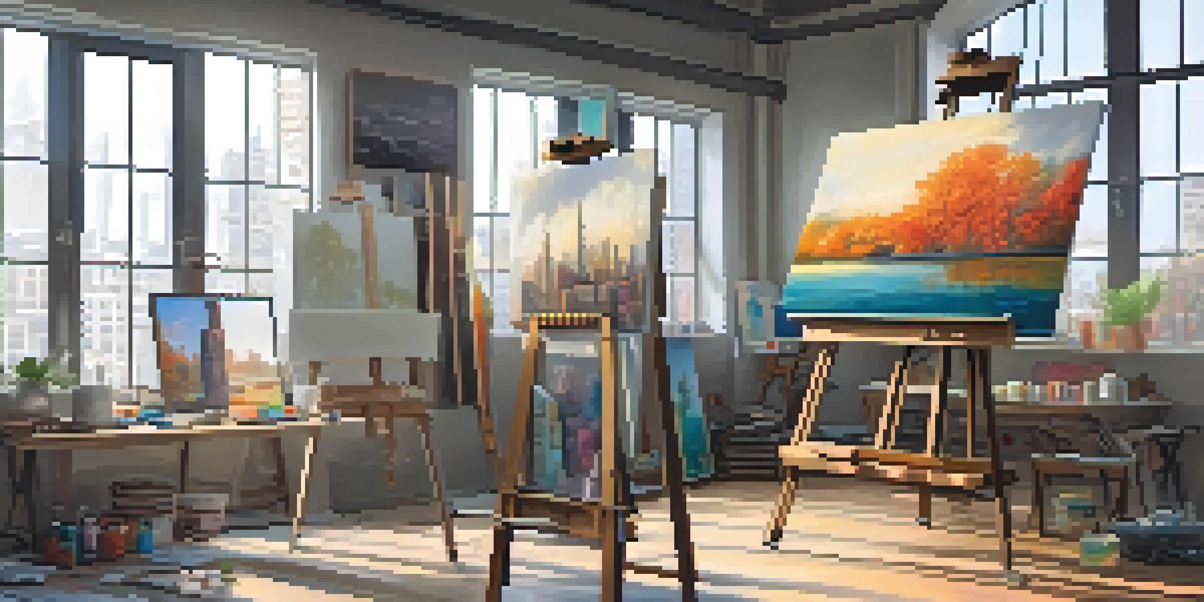 An artist's studio with an easel, an unfinished cityscape painting, a palette with paint tubes, brushes, and a digital tablet.