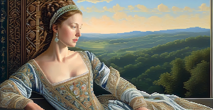 A Renaissance noblewoman in an embroidered gown, with a blurred landscape background, showcasing grace and individuality.