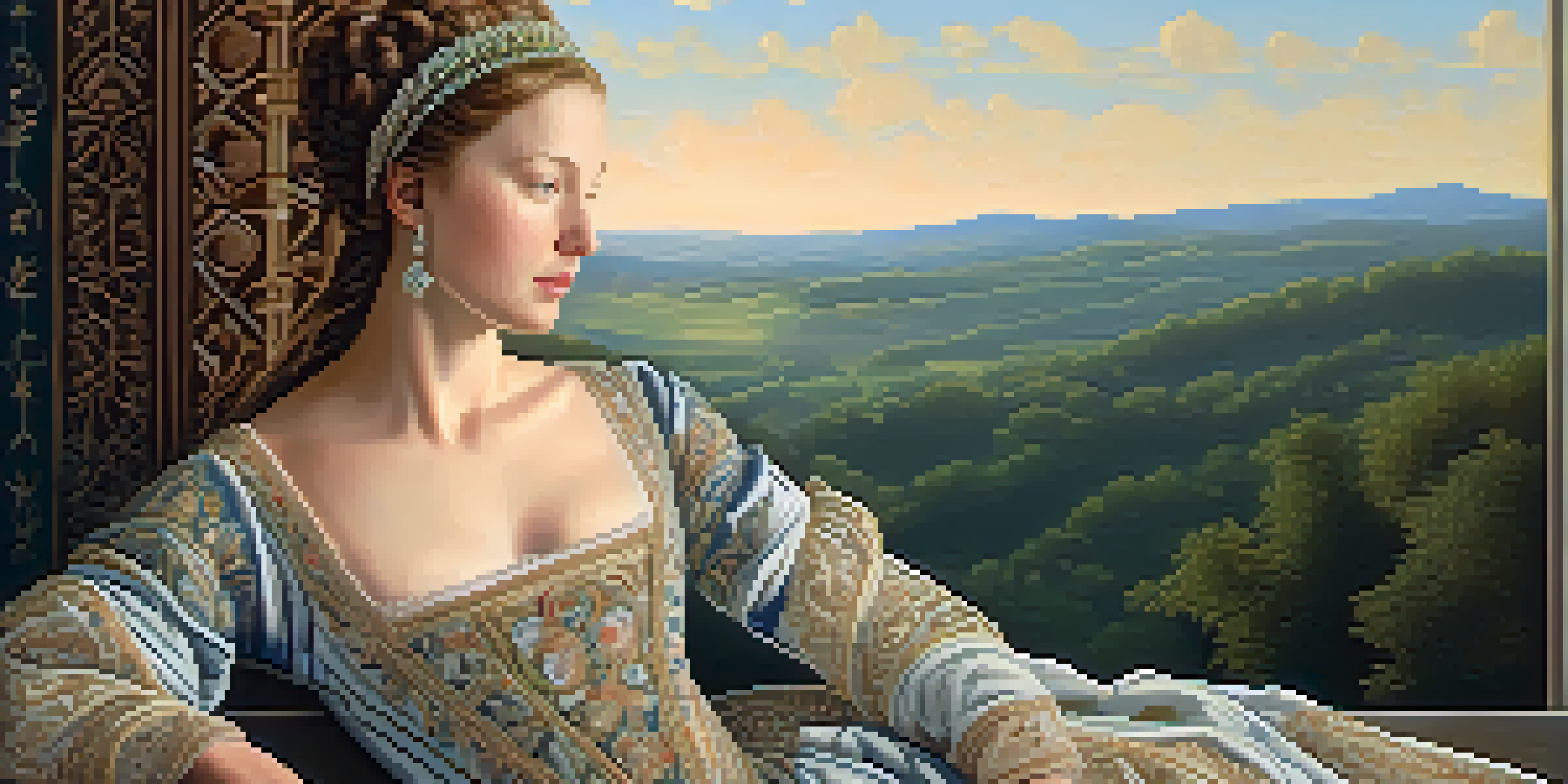 A Renaissance noblewoman in an embroidered gown, with a blurred landscape background, showcasing grace and individuality.