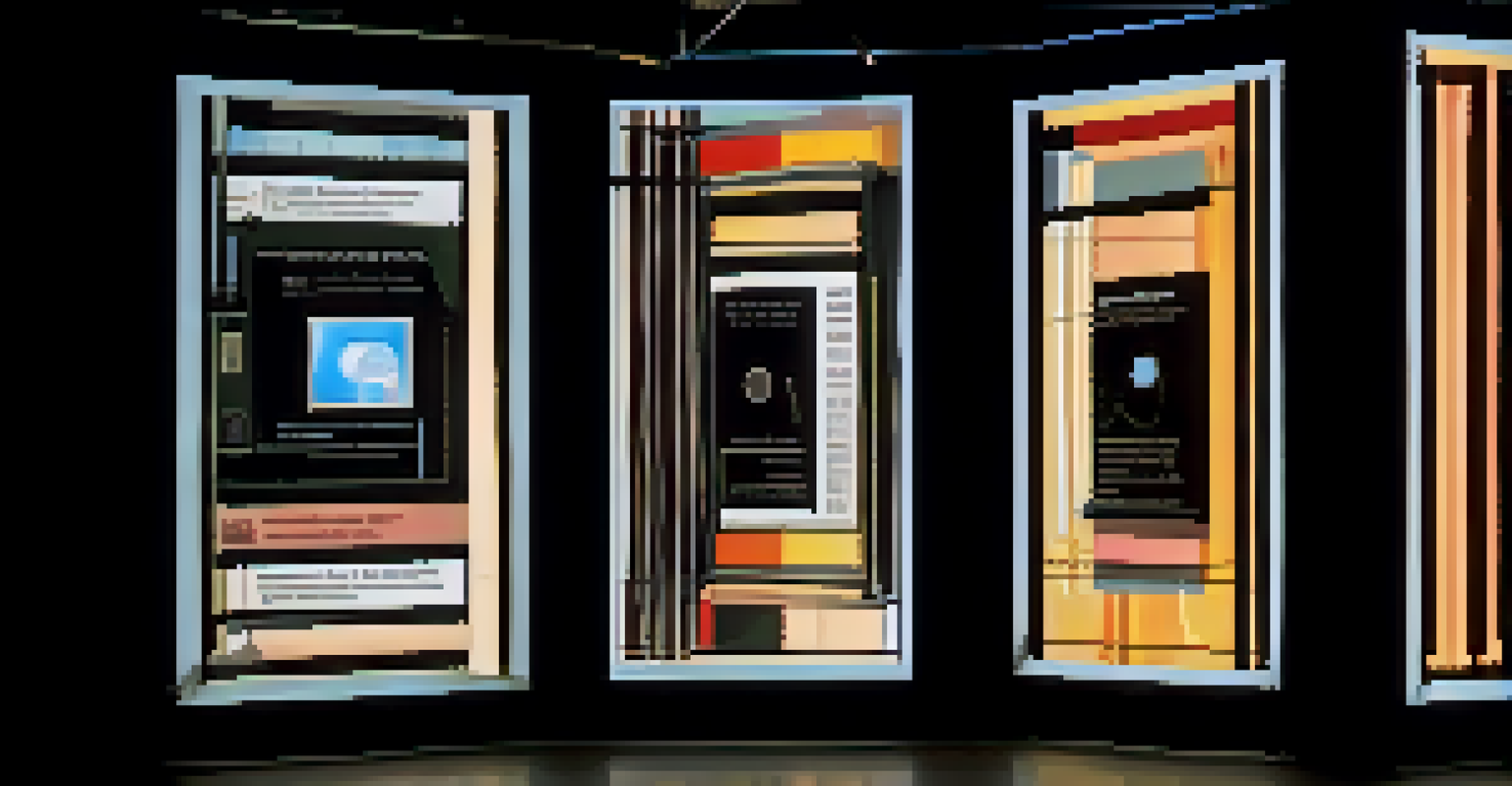 An abstract installation with illuminated screens addressing social issues, set in a dimly lit room with soft spotlights.