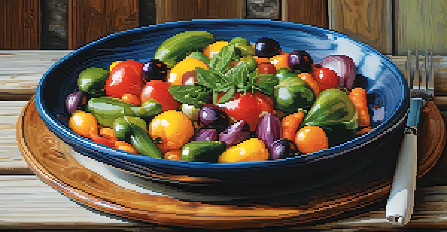 A close-up of a Mediterranean dish with heirloom vegetables on a handmade ceramic plate, complemented by a drizzle of olive oil, set against a rustic wooden backdrop.