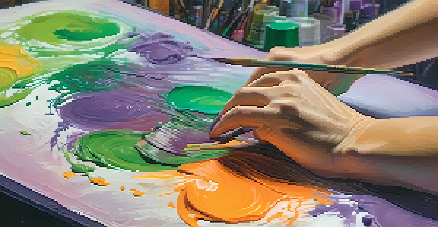 An artist applying thick paint with a palette knife onto a canvas, showcasing vibrant colors and textures.