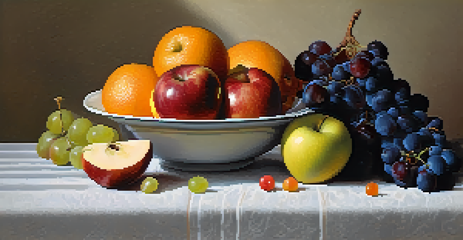 A colorful bowl of assorted fruits on a textured linen tablecloth, illuminated by diffused light.
