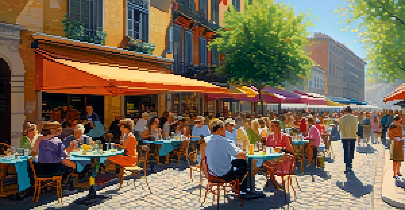A lively outdoor café scene with people enjoying drinks, colorful tablecloths, and blooming flowers under the sunlight.