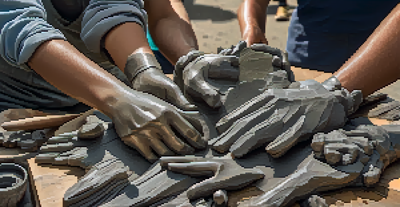 Close-up of hands of different people working on a sculpture from recycled materials, showcasing teamwork and creativity.