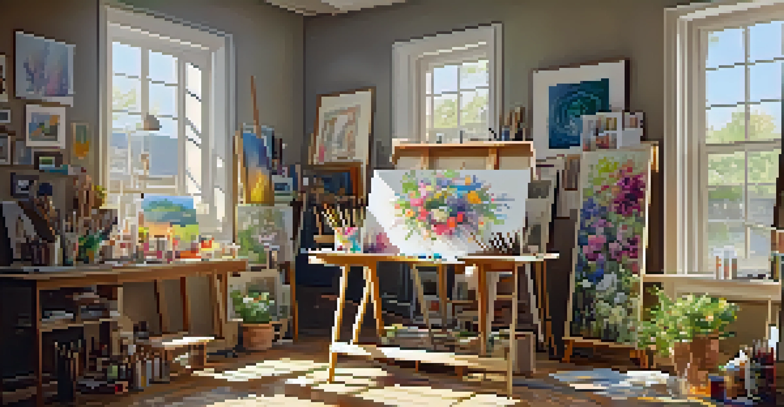 An inviting art studio with canvases and supplies, sunlight streaming through the window, and a floral painting on the easel.