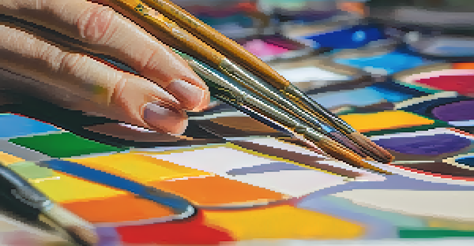 An artist's hand holding a paintbrush over a colorful canvas with abstract patterns.
