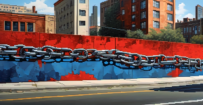 A mural showing a broken chain that symbolizes the struggle for freedom, with colorful details and abstract shapes around it.