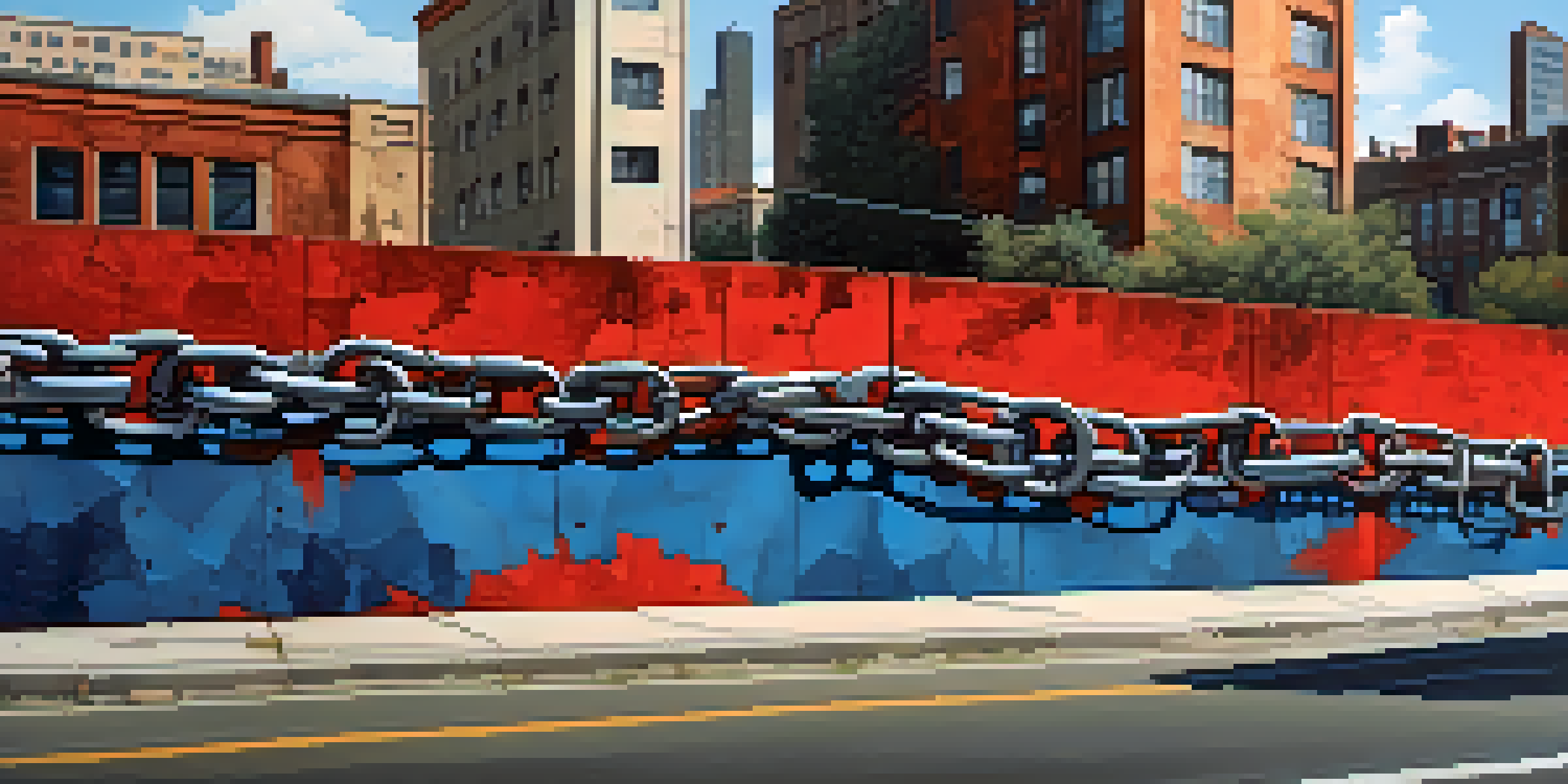 A mural showing a broken chain that symbolizes the struggle for freedom, with colorful details and abstract shapes around it.