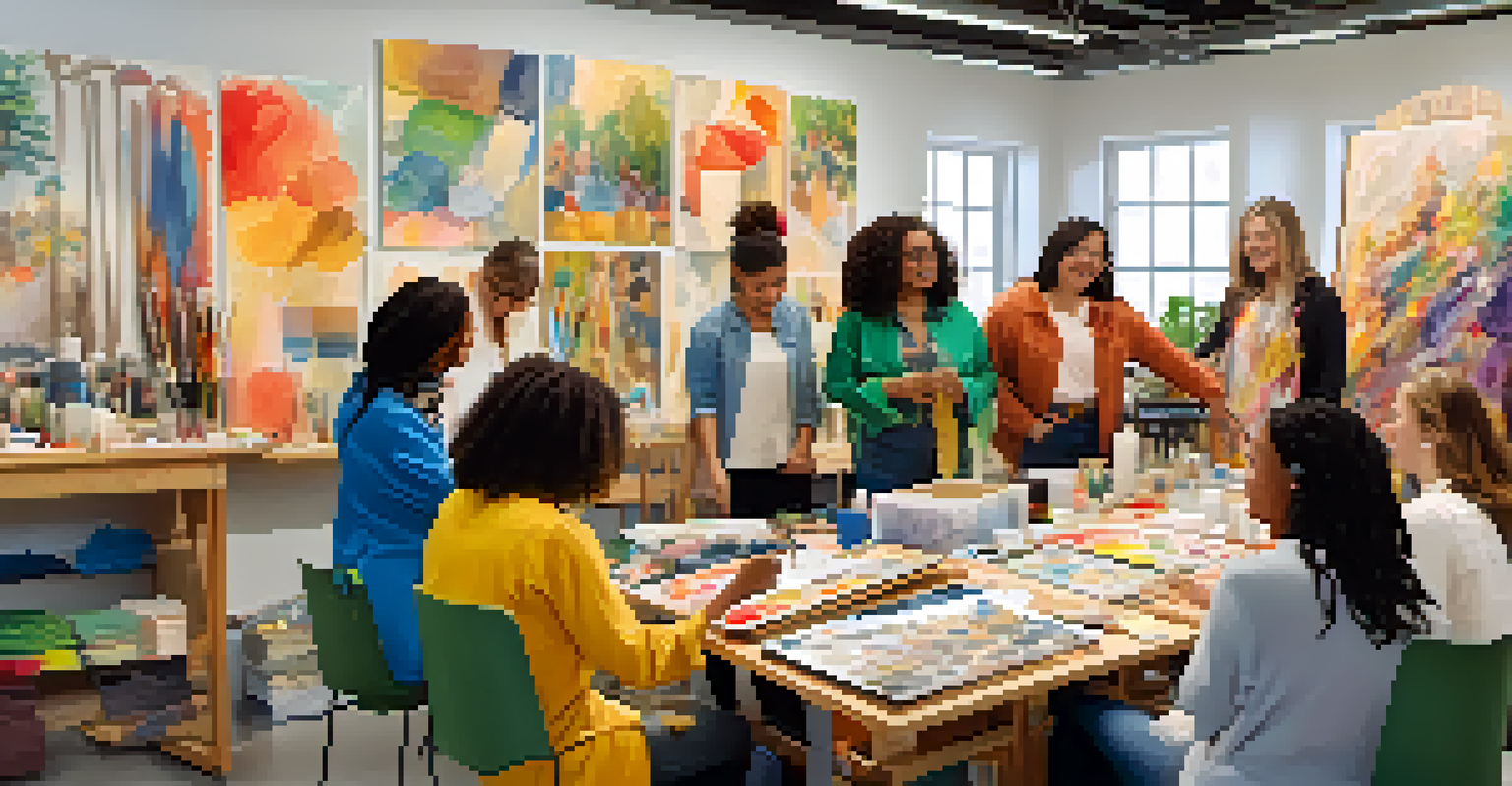 A lively workshop with women artists collaborating on a project, guided by a mentor, amidst art supplies and colorful materials.