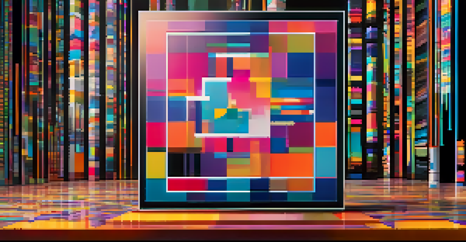 A digital display of a blockchain ledger for art provenance, set against an abstract art background with vibrant colors.