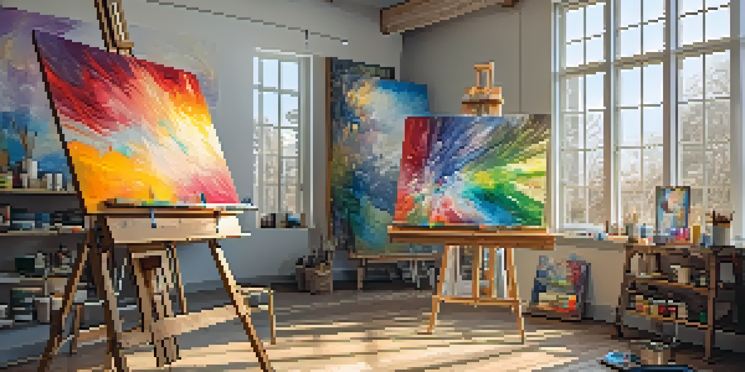 An art studio with colorful paints and a canvas on an easel, illuminated by natural light.