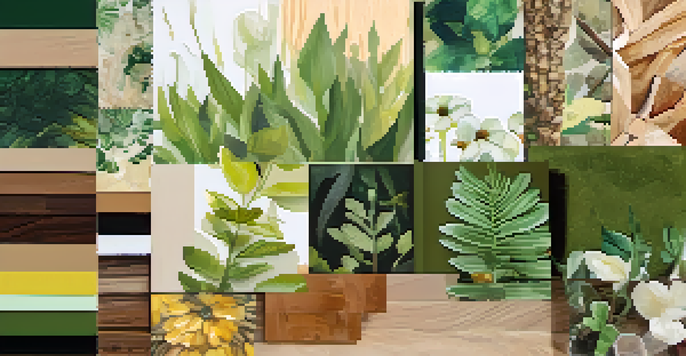 A mood board collage displaying various textures and colors inspired by nature, including earthy tones and floral patterns, arranged on a wooden surface with natural light.