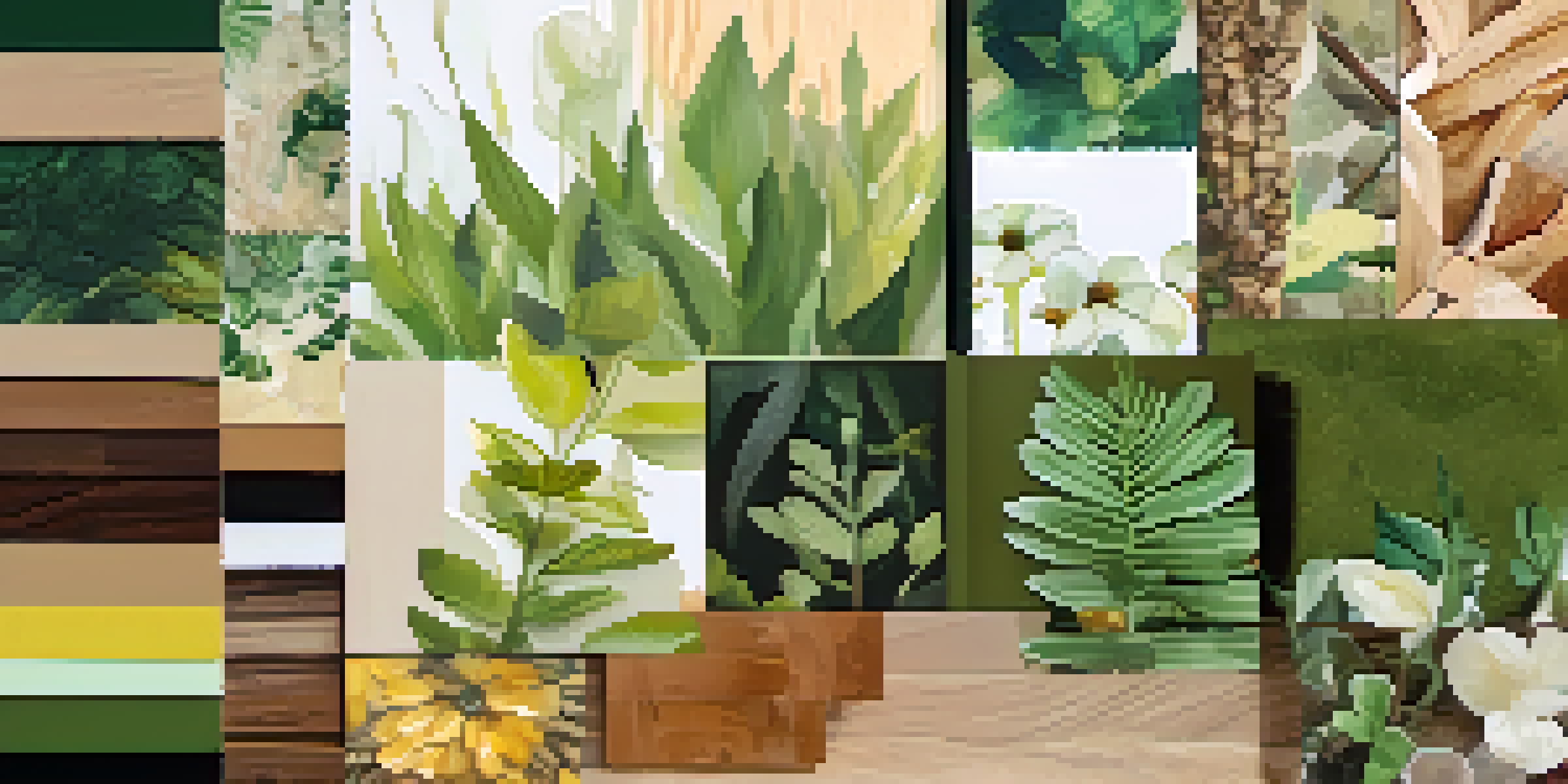 A mood board collage displaying various textures and colors inspired by nature, including earthy tones and floral patterns, arranged on a wooden surface with natural light.