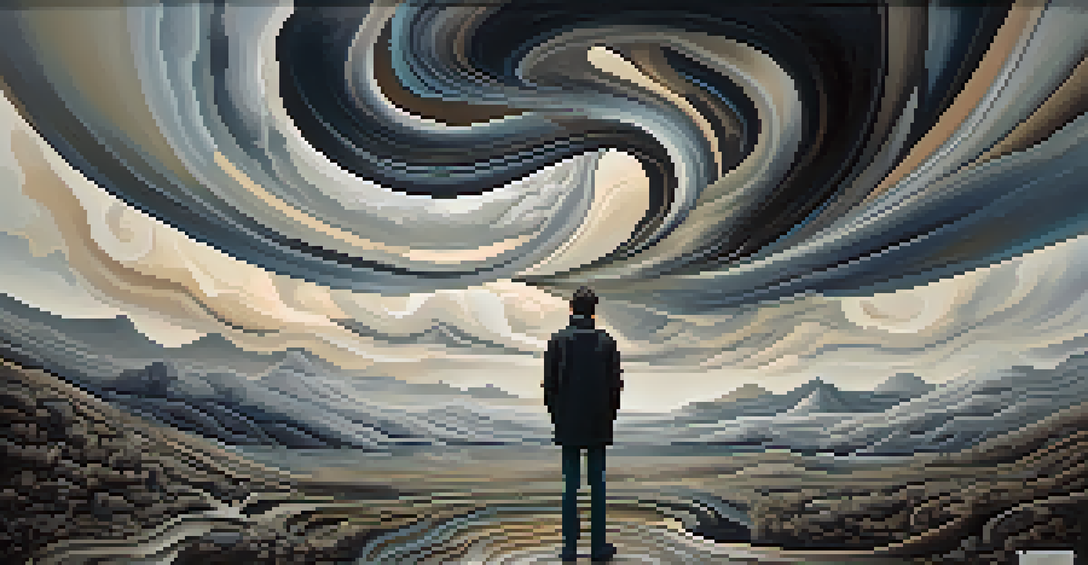 An abstract image representing anxiety with a figure holding their head surrounded by swirling dark clouds.