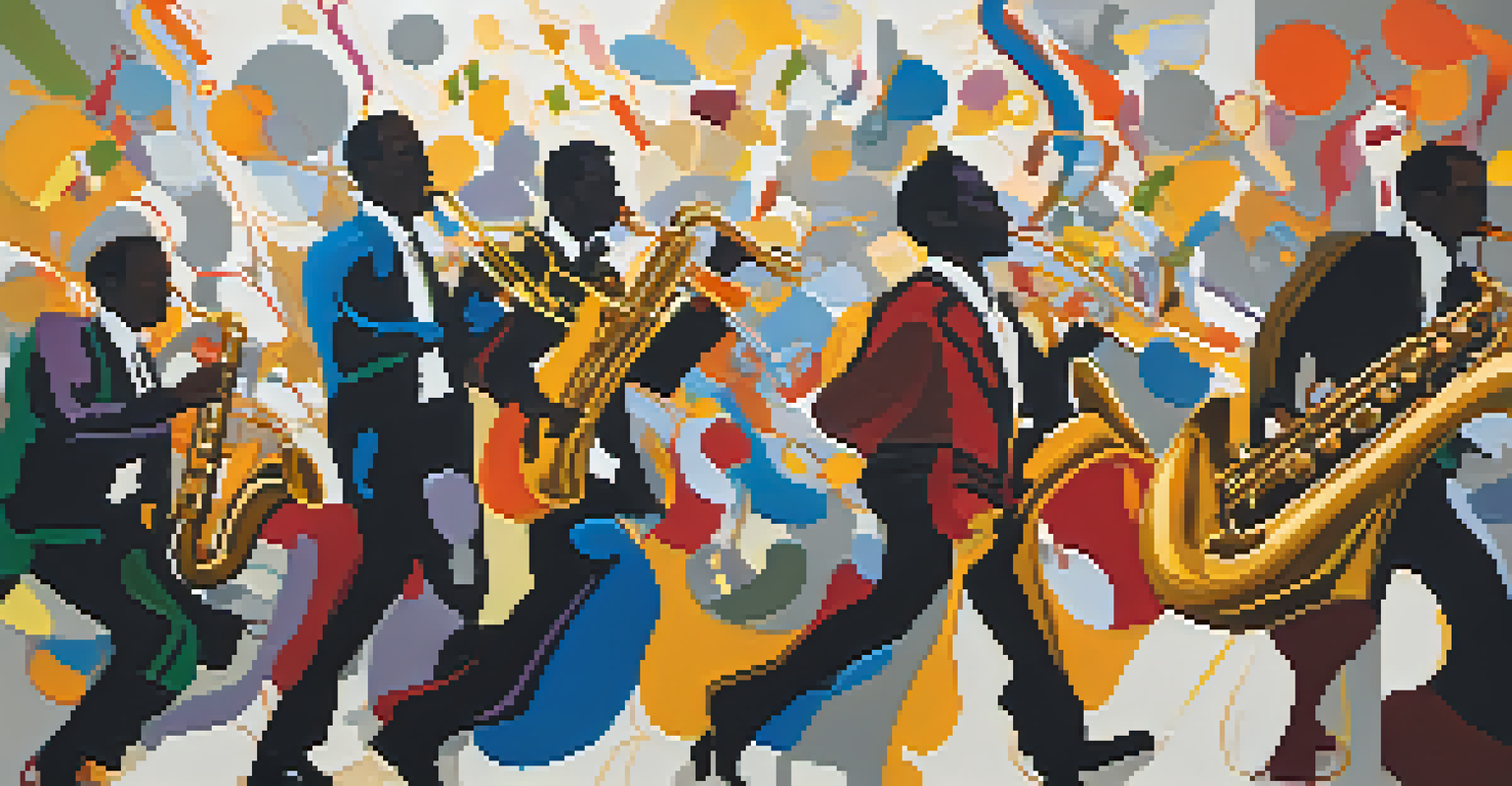 An abstract painting showcasing vibrant colors and shapes, representing the rhythm of jazz music.