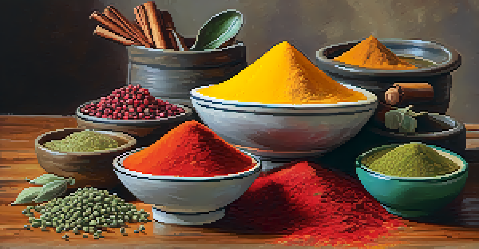 An arrangement of colorful spices in glass bowls on a wooden surface with a mortar and pestle in the background.
