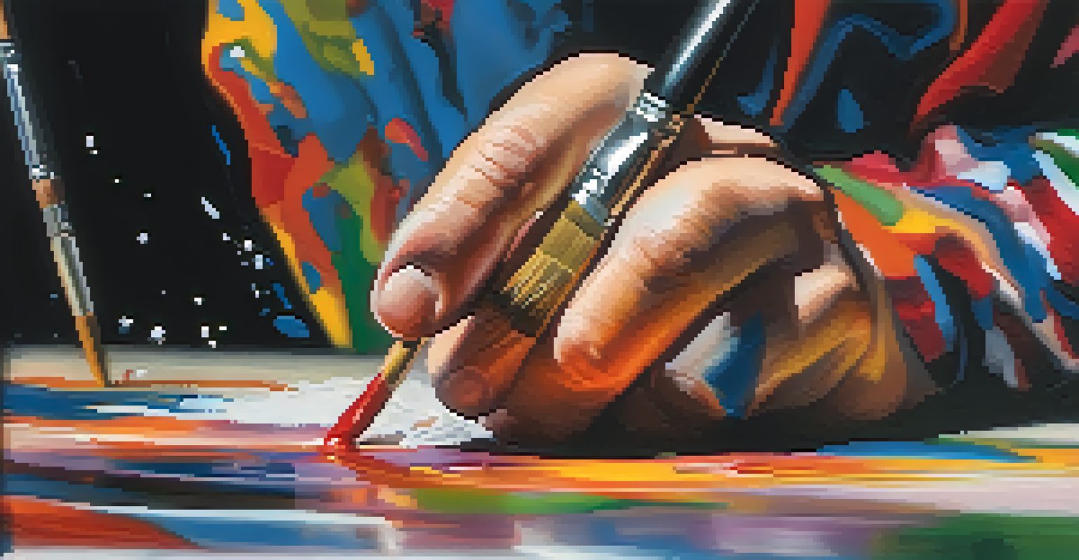 A close-up of a hand painting with quick, energetic brushstrokes on a canvas.