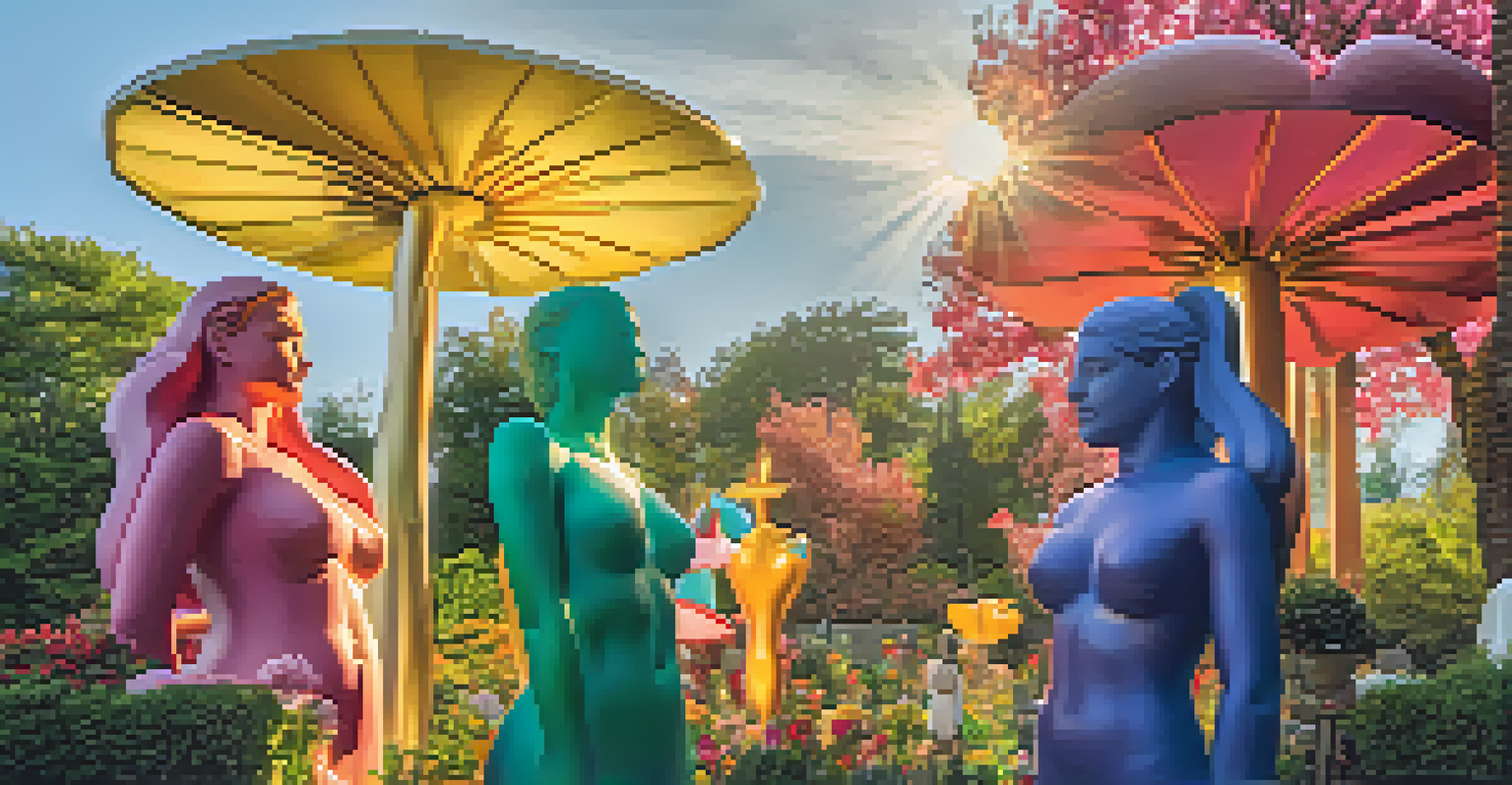 An outdoor art installation with colorful sculptures representing womanhood, surrounded by a blooming garden.