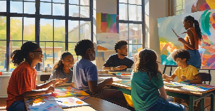 A diverse group of students working together on an art project in a bright classroom filled with colorful artwork.