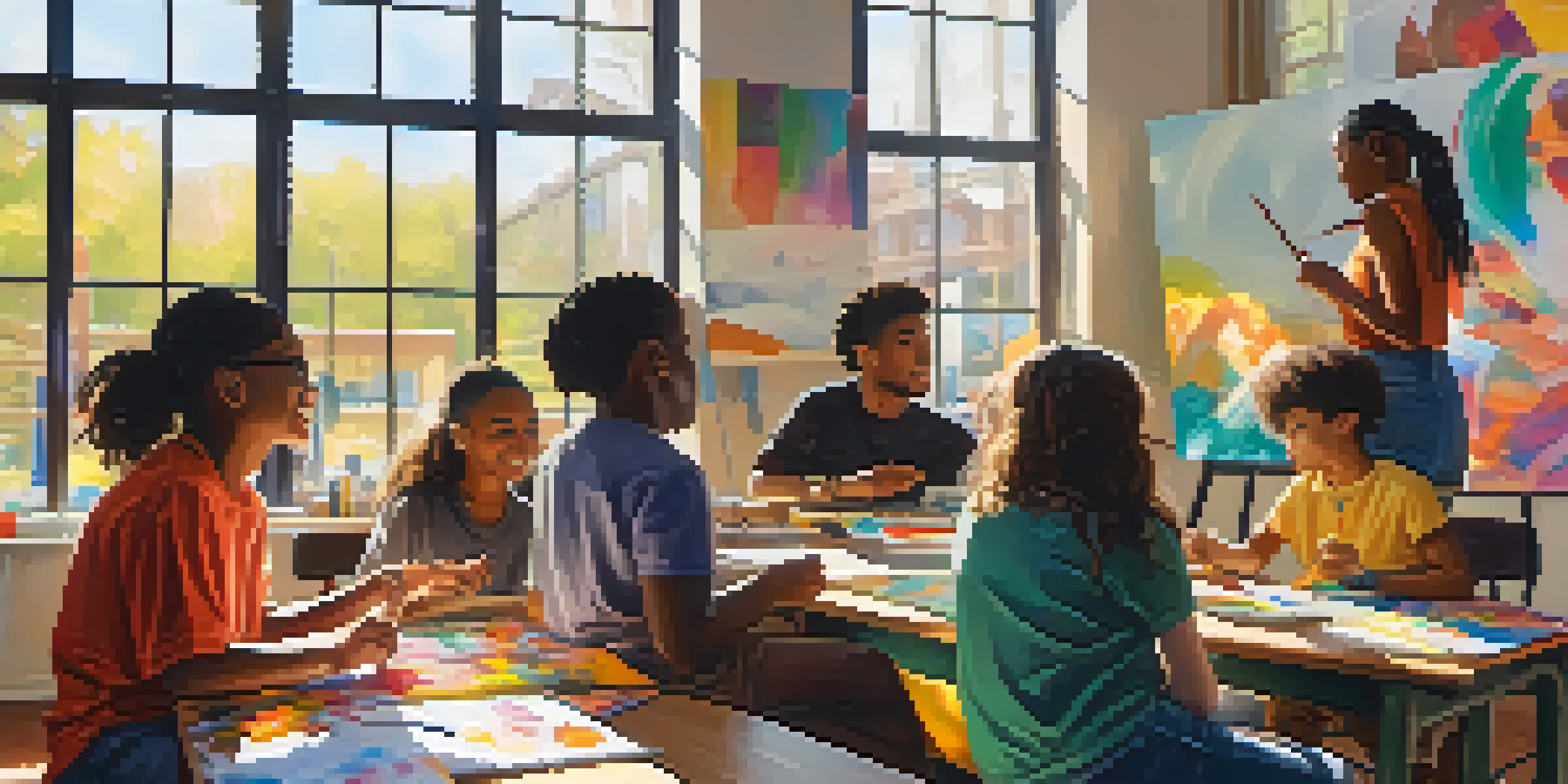A diverse group of students working together on an art project in a bright classroom filled with colorful artwork.