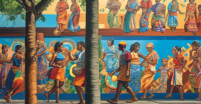 A colorful mural showcasing people from different cultures creating art together under warm sunlight.