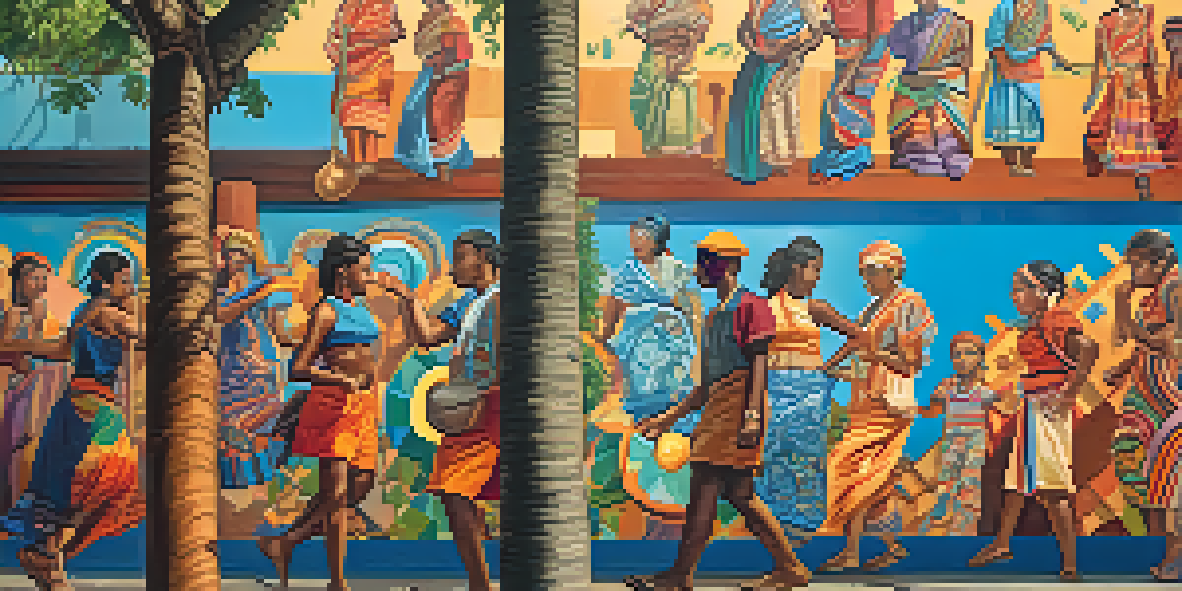 A colorful mural showcasing people from different cultures creating art together under warm sunlight.