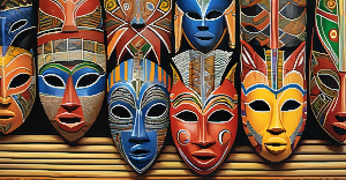 An artistic arrangement of diverse African masks with intricate designs and vibrant colors on a wooden background, illuminated by soft lighting.