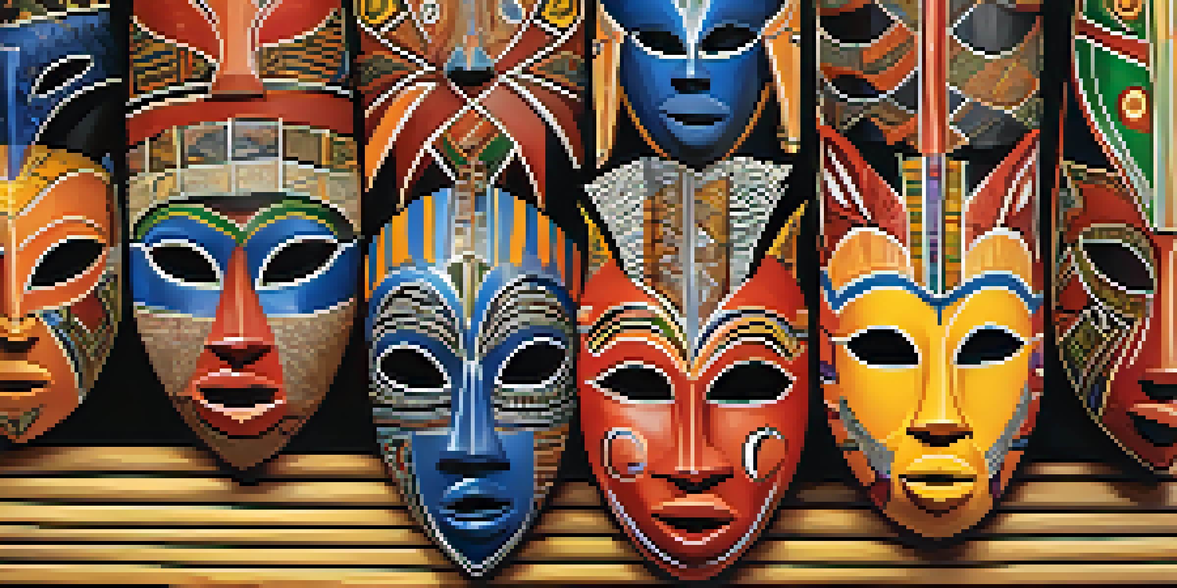 An artistic arrangement of diverse African masks with intricate designs and vibrant colors on a wooden background, illuminated by soft lighting.