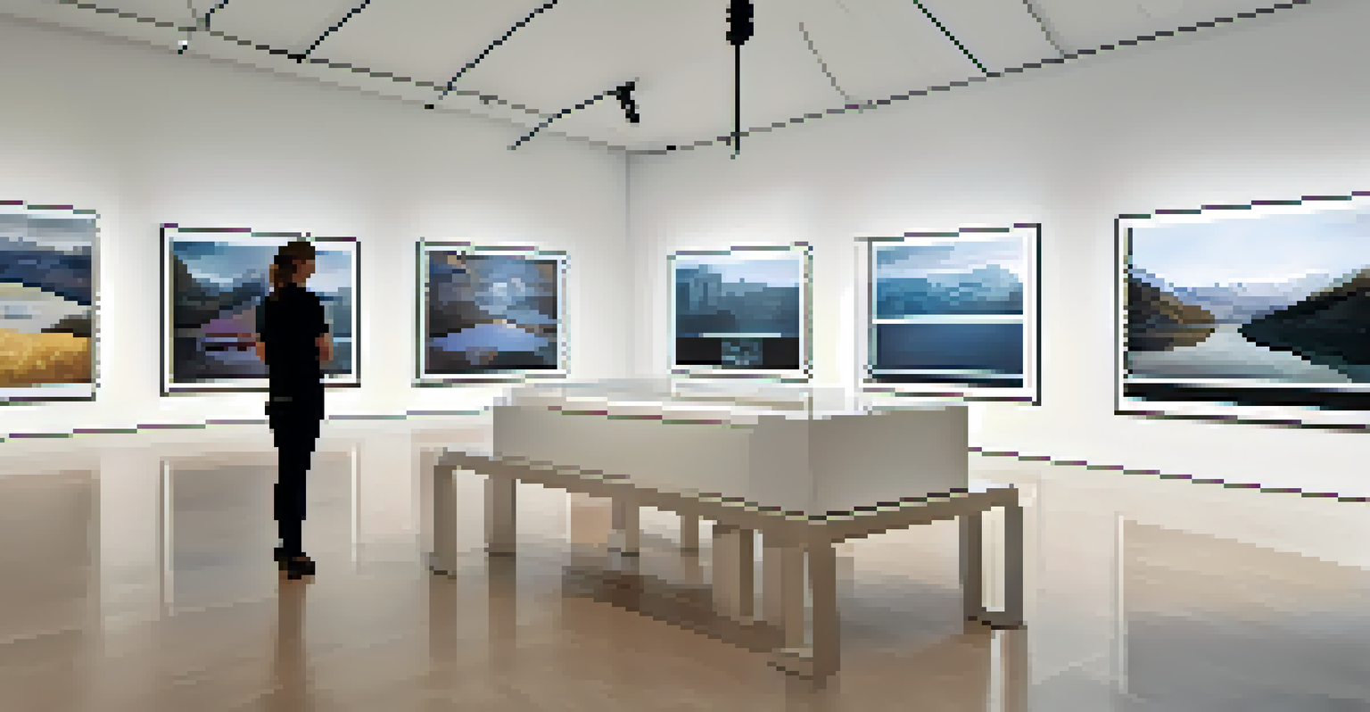 A modern digital gallery displaying various digital artworks with visitors admiring them.