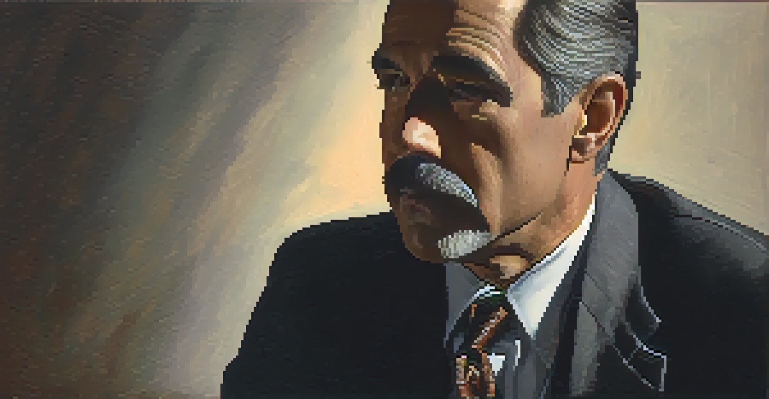 A middle-aged man in a vintage suit with a contemplative expression against a dark background.