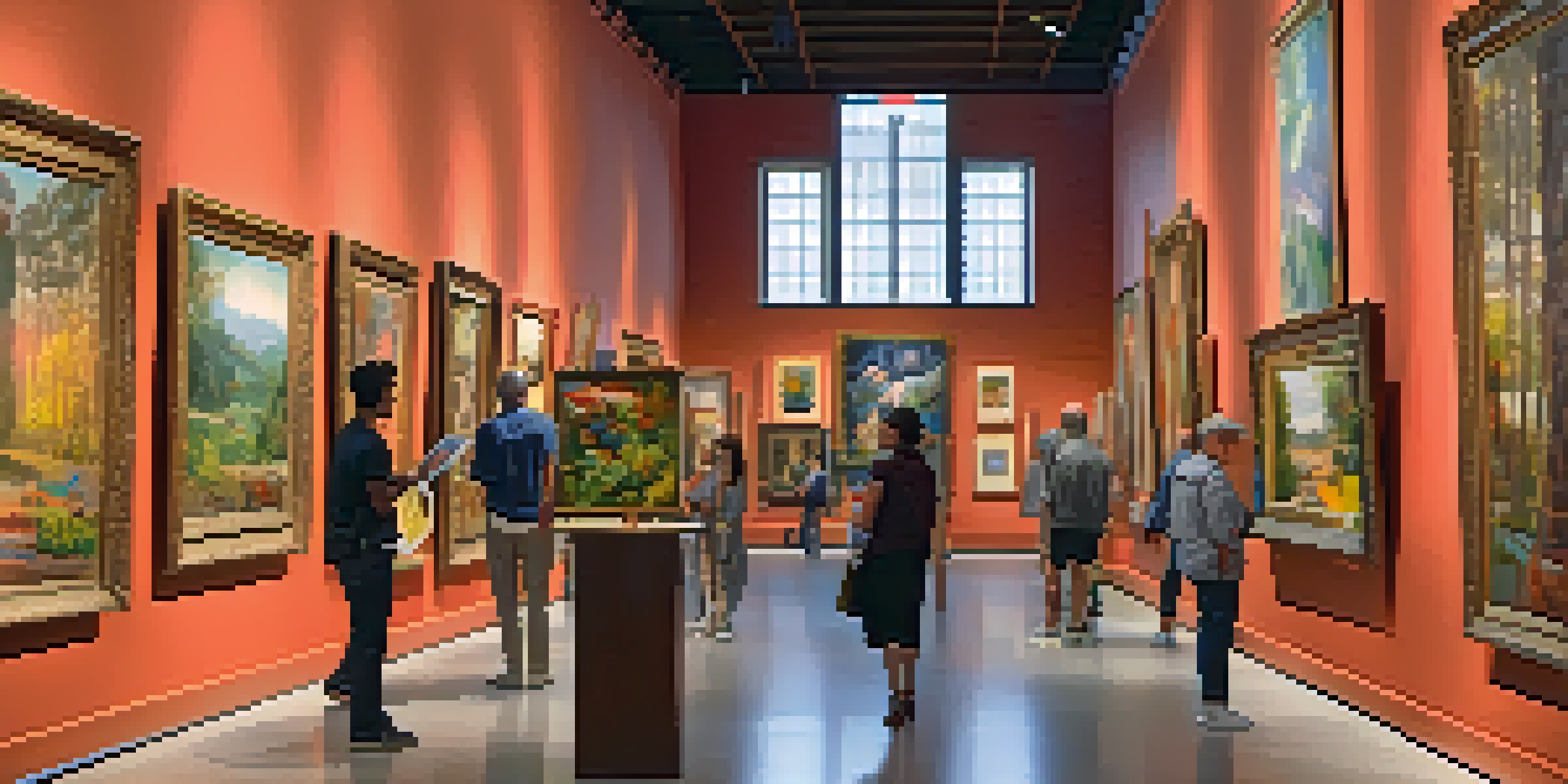 A lively museum gallery with diverse visitors admiring colorful paintings illuminated by natural light.