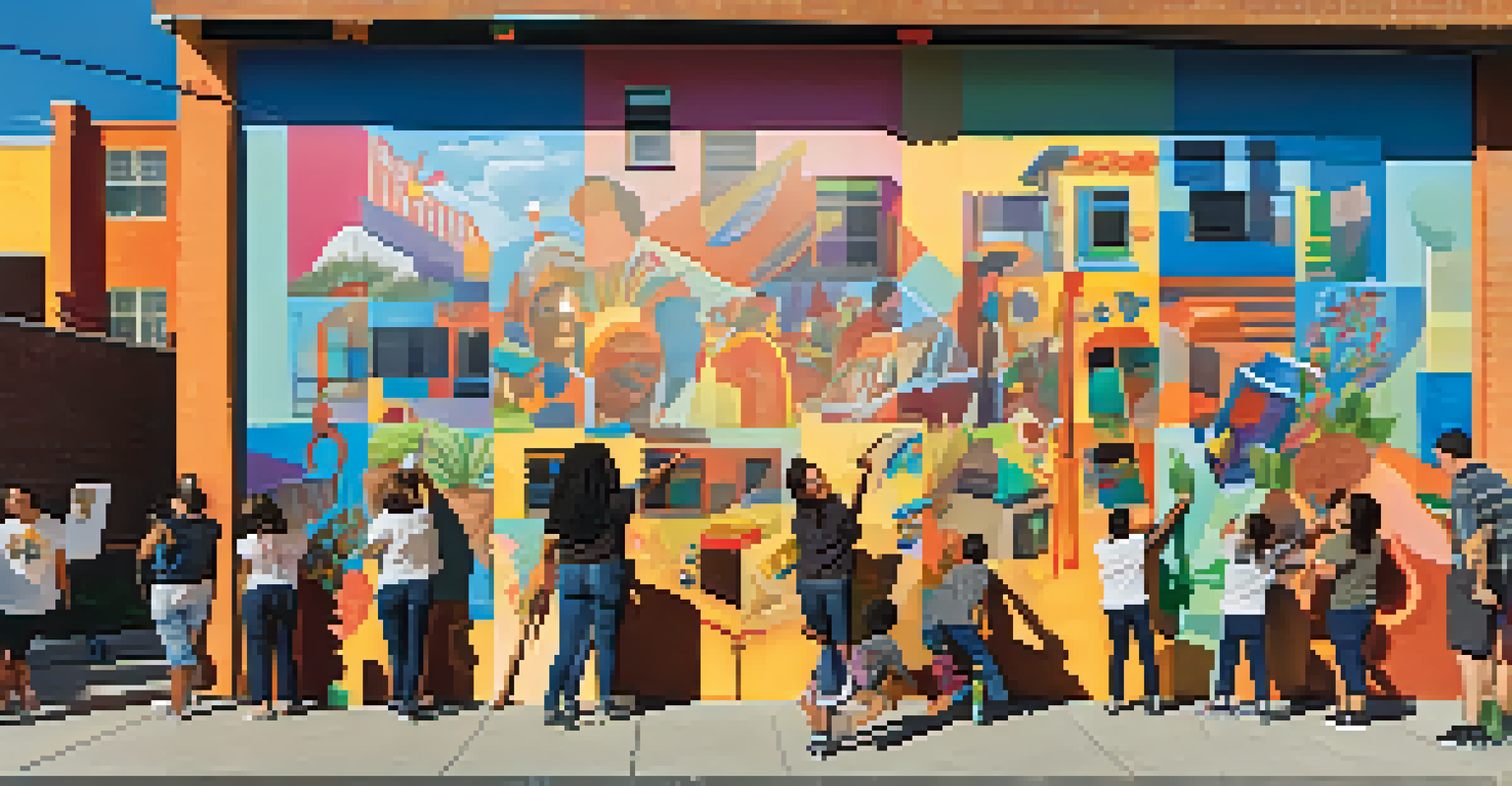 Community members of all ages painting a colorful mural together, highlighting collaboration and creativity in an urban setting.