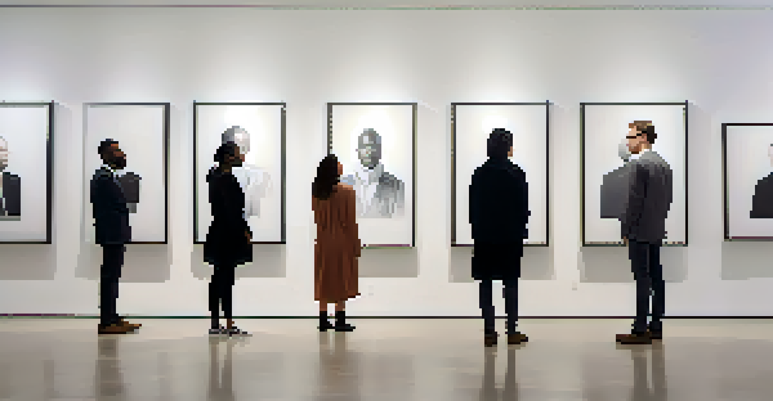 An art installation with monochromatic portraits of diverse individuals displayed in a minimalist gallery space, inviting reflection on race and representation.