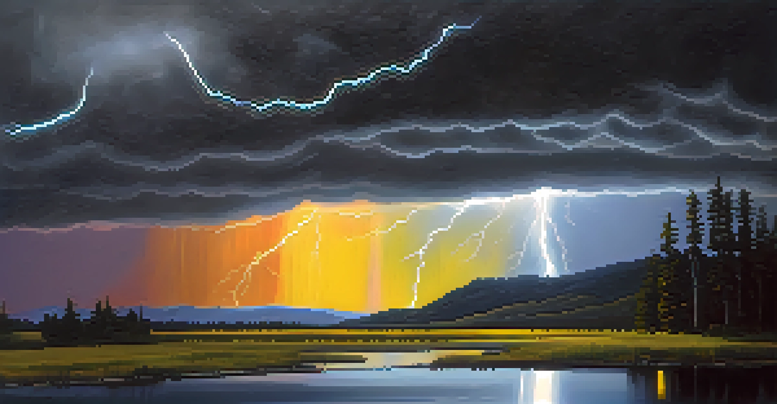 A dramatic landscape with a stormy sky and a bright yellow lightning bolt reflecting on a lake.