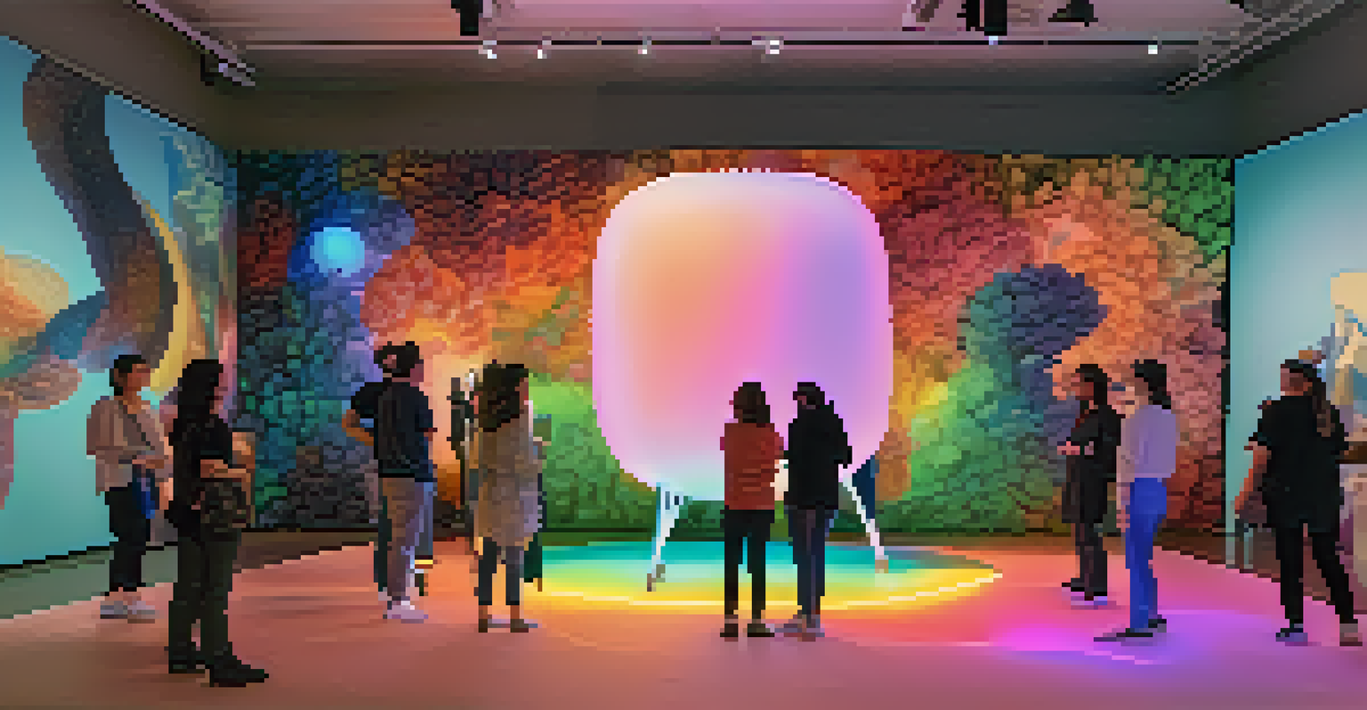 An interactive art installation with sculptures and augmented reality, filled with warm light and engaged visitors.