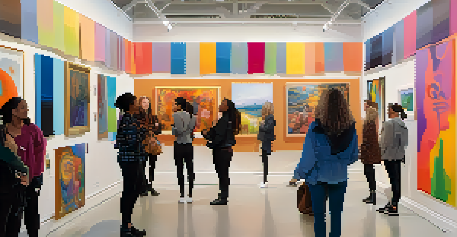 A lively art gallery exhibition with a diverse group of people discussing various artworks on display.