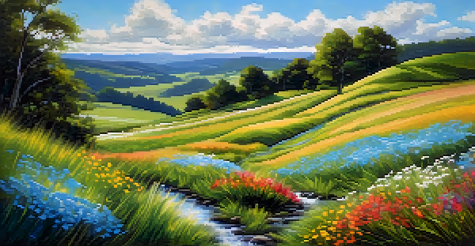 A bright and colorful acrylic painting of a peaceful landscape with hills, flowers, and a river.
