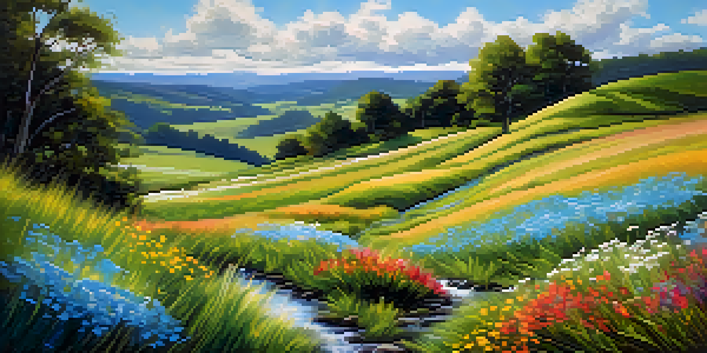A bright and colorful acrylic painting of a peaceful landscape with hills, flowers, and a river.
