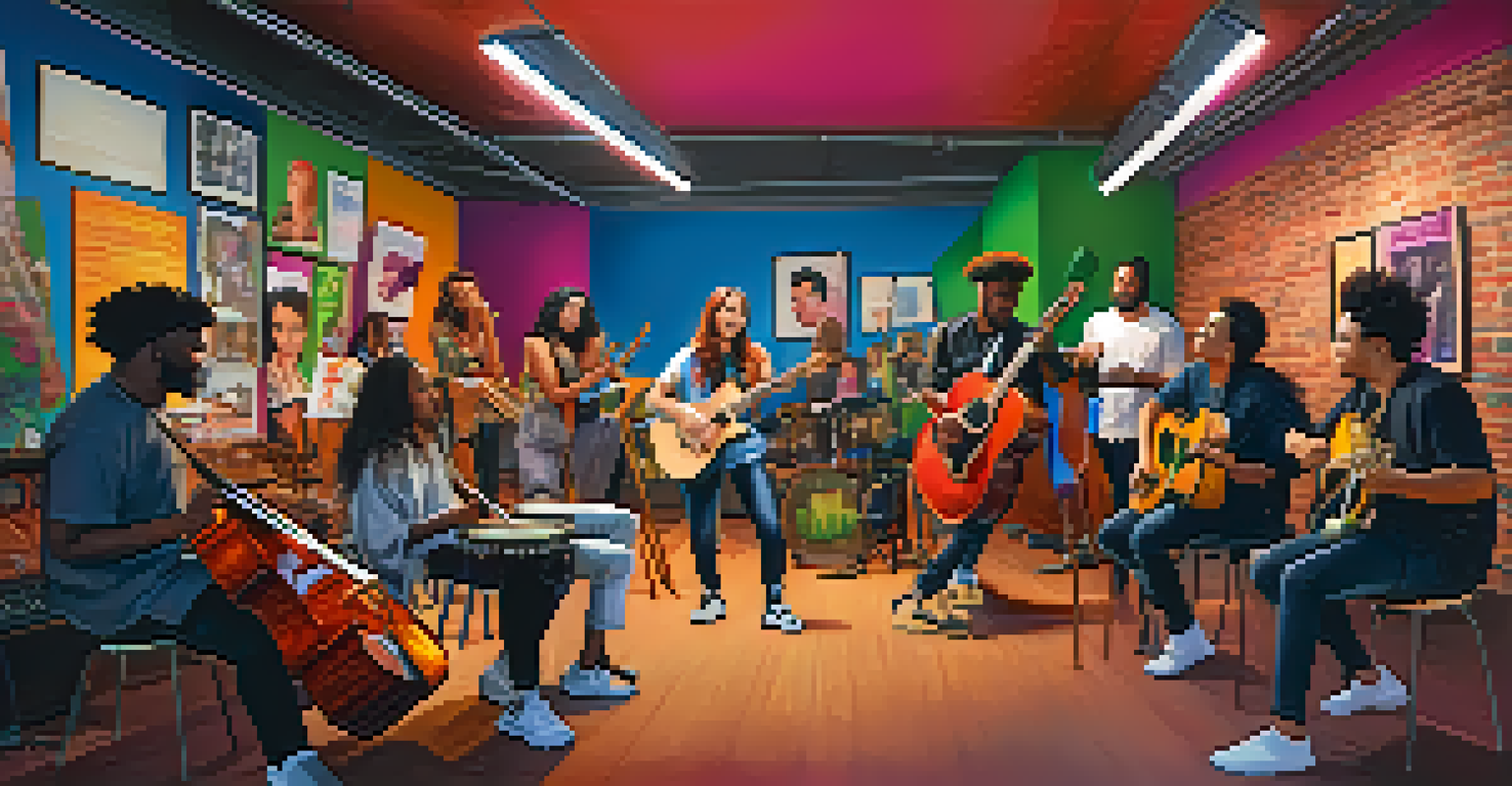 A diverse group of musicians collaborating in a lively rehearsal space, filming their jam session for TikTok, surrounded by musical instruments.