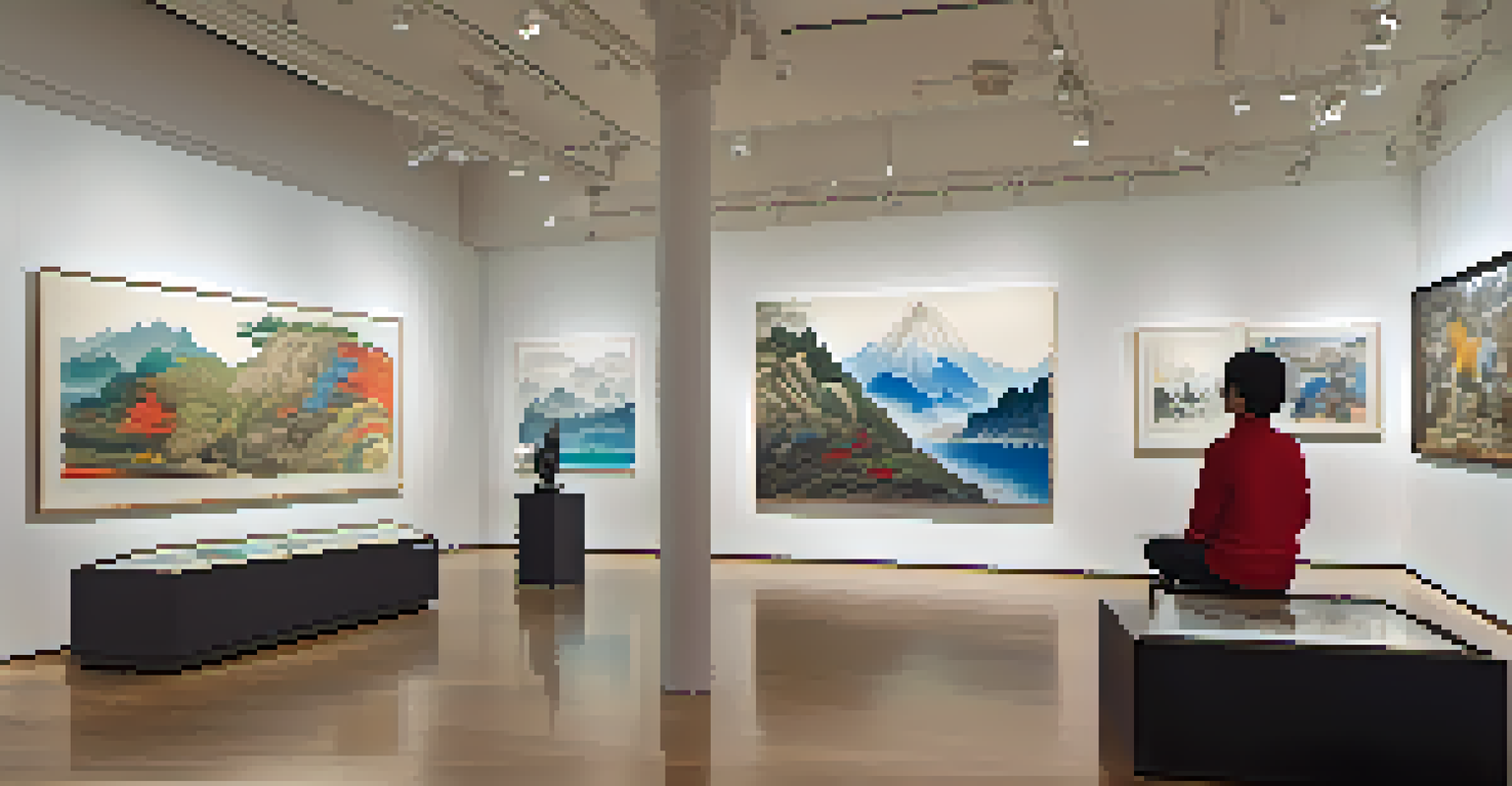 An art gallery displaying a blend of Eastern and Western art, featuring an ink painting and a modern sculpture, with visitors interacting.