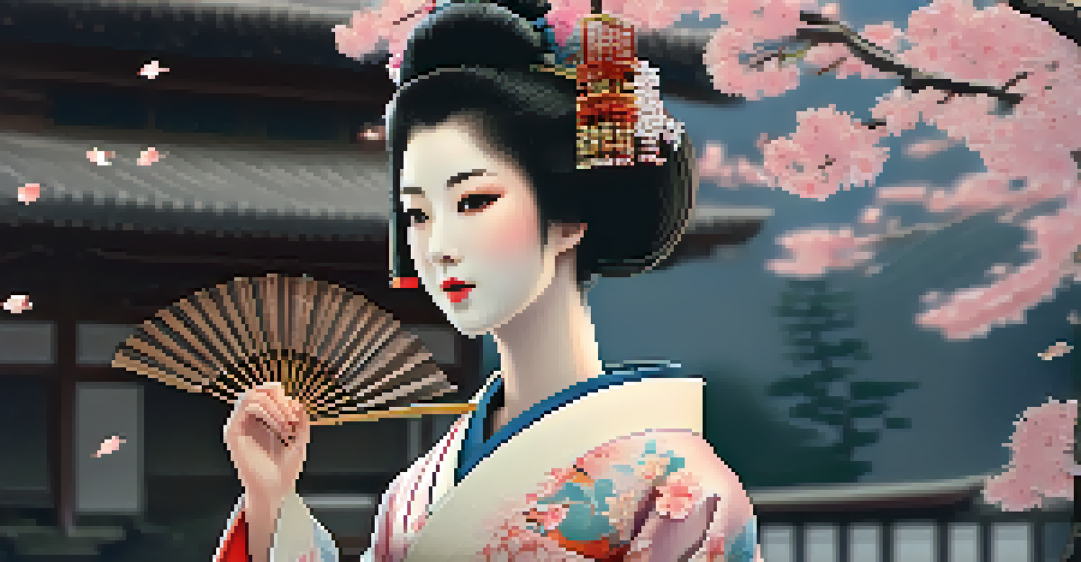 A geisha in a patterned kimono holding a fan, set against a blurred landscape of cherry blossoms and a temple.