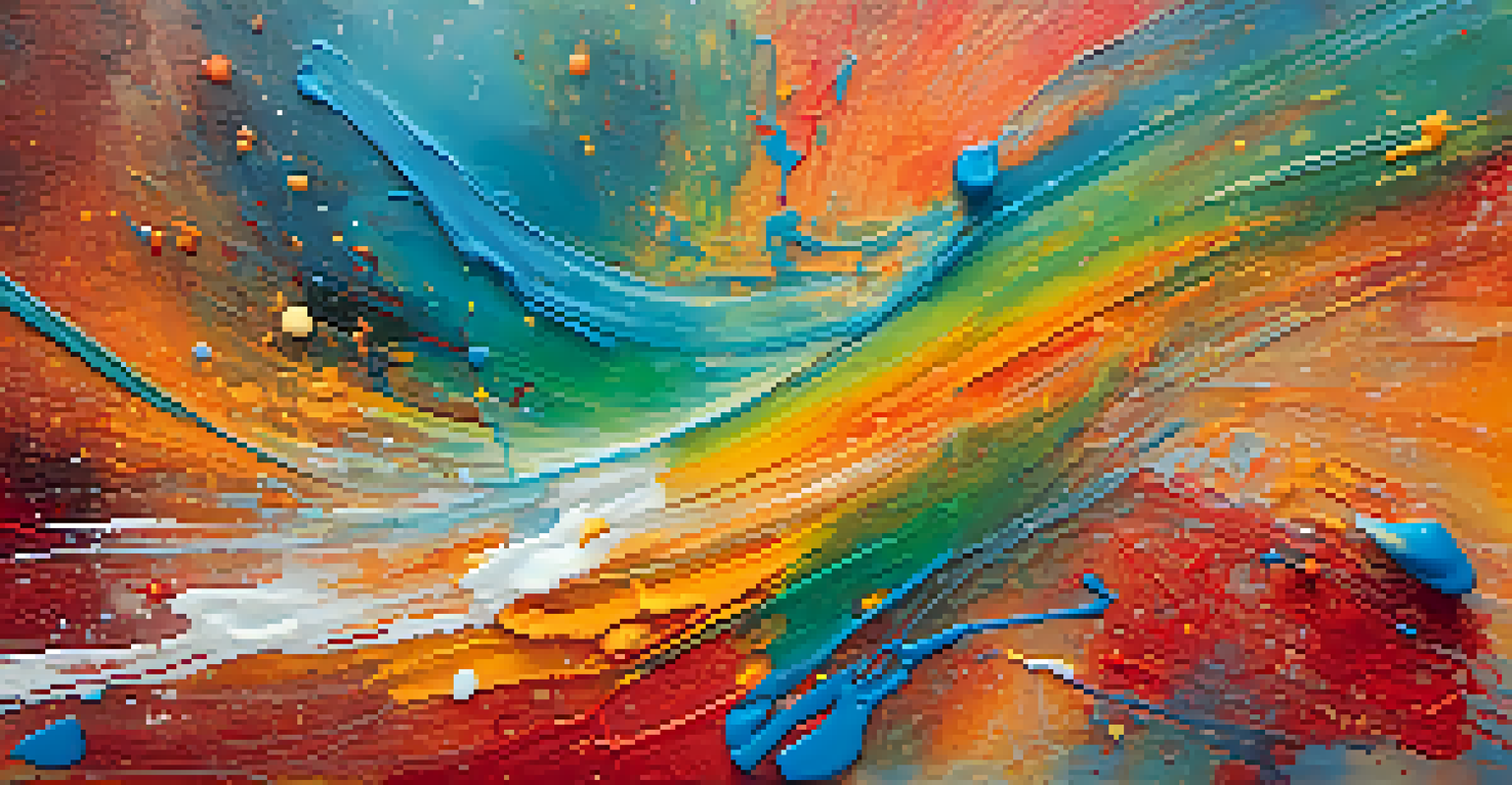 An abstract painting in progress with a vibrant mix of colors and textures.