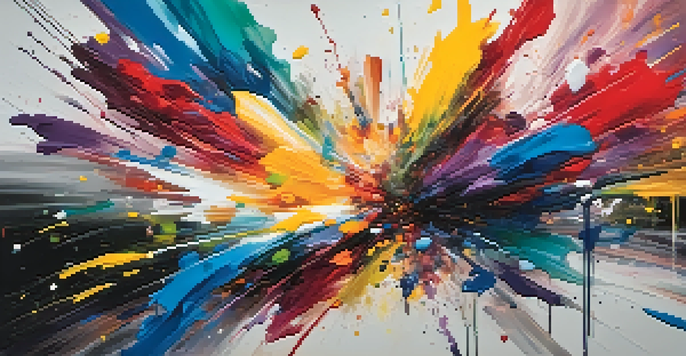 An expressive abstract painting with splashes of color and dynamic brushstrokes conveying energy and emotion.
