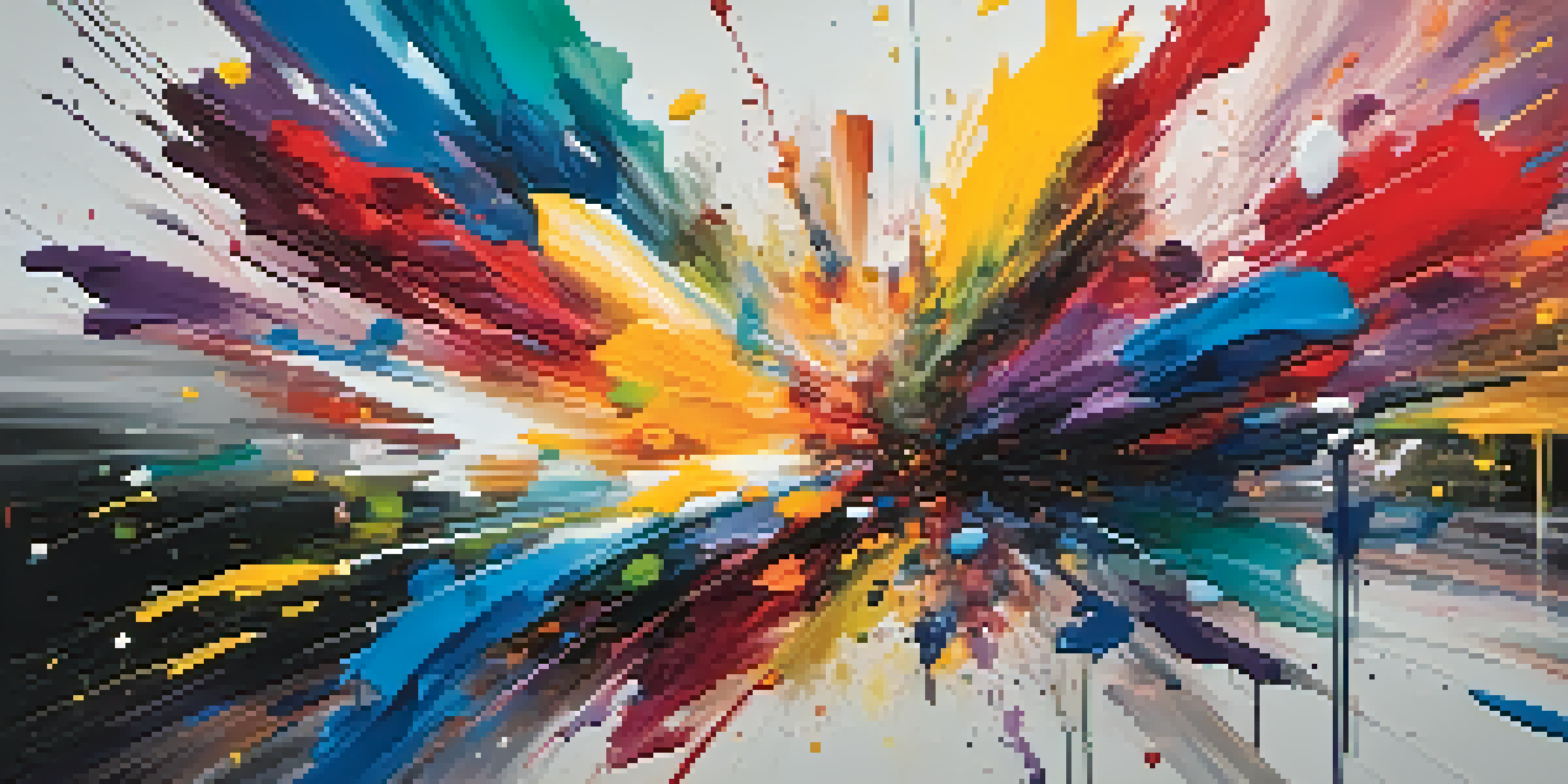 An expressive abstract painting with splashes of color and dynamic brushstrokes conveying energy and emotion.