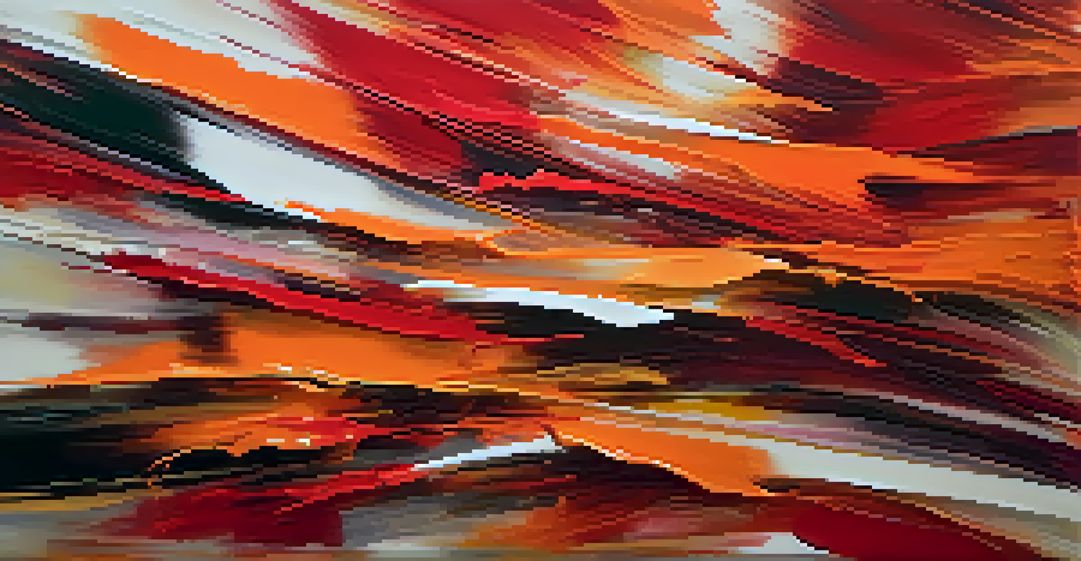 An abstract painting with bold red and orange strokes, conveying energy and passion through dynamic brushwork.
